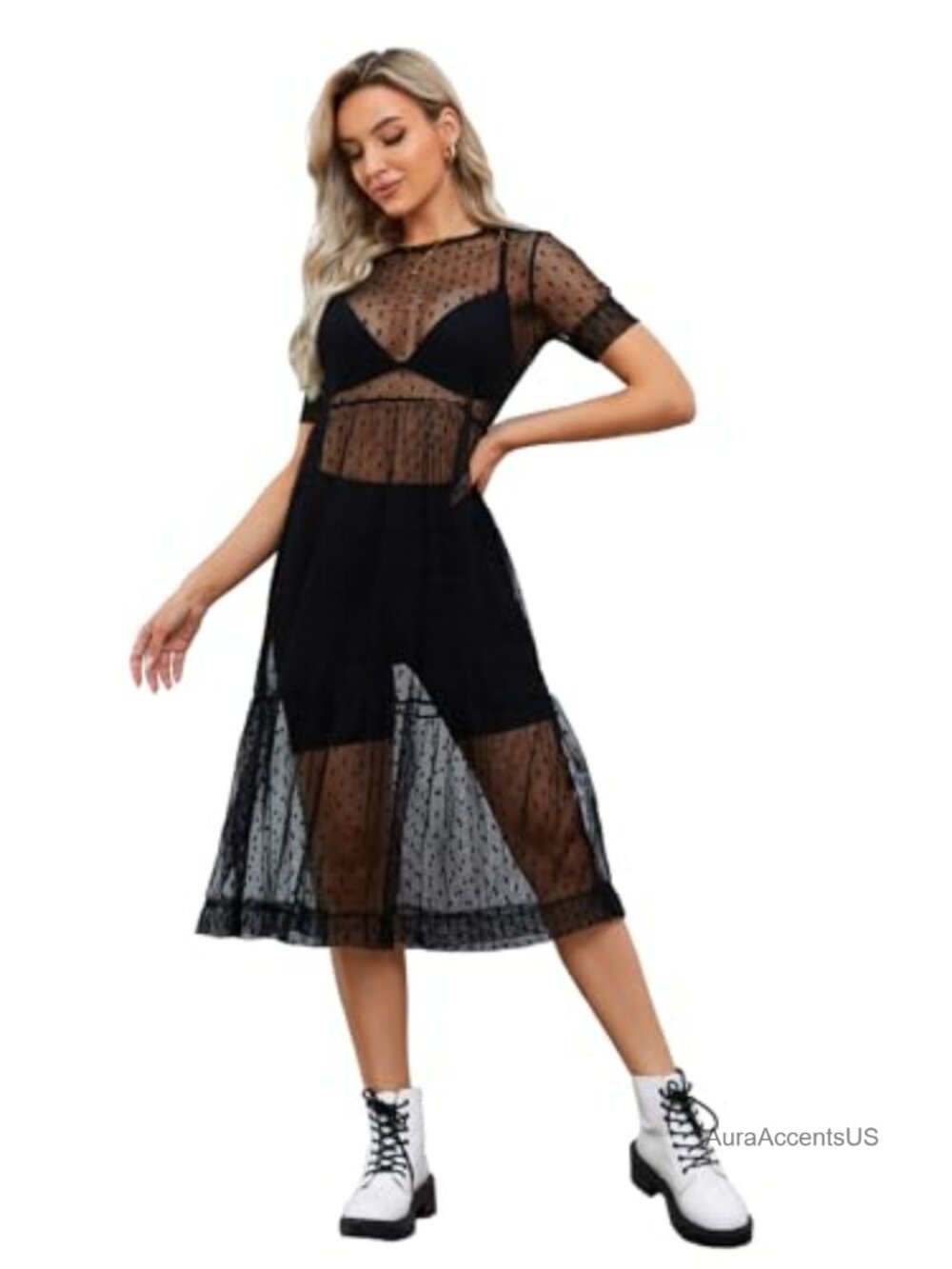 Sheer Mesh Cover Up Dress Polka Dot Beach Swimwear Midi See Through Tulle